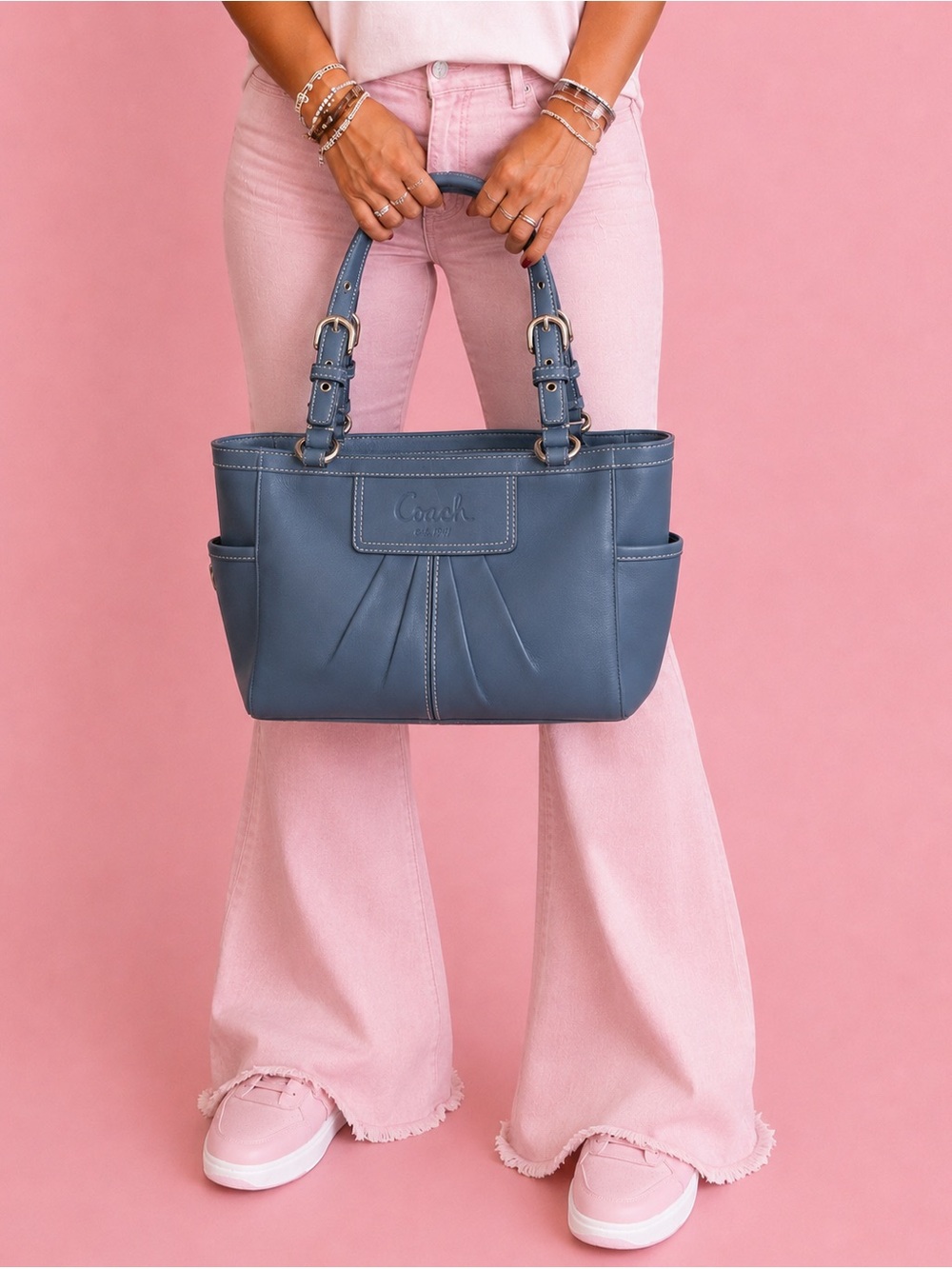 Coach East West Pleated Gallery Tote F13759 Blue Leather Shoulder Bag Y2K